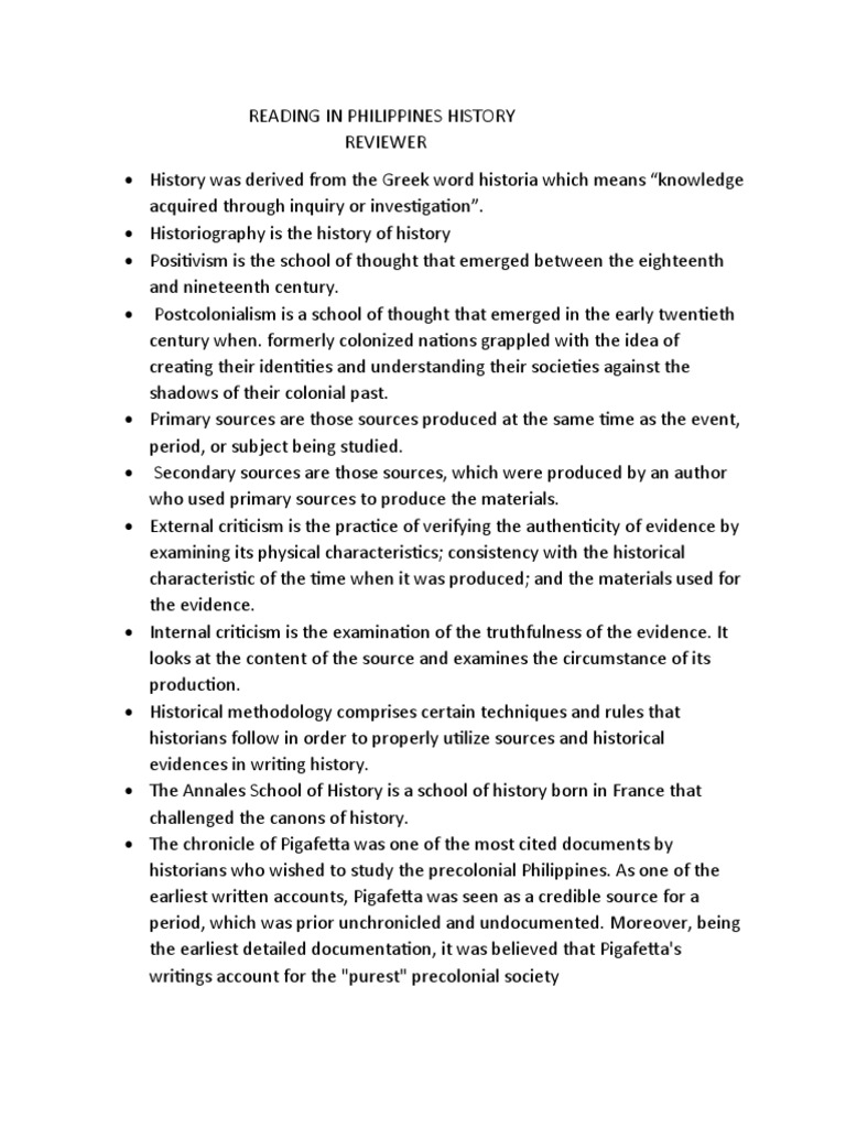 Reviewer Reading in Philippines History PDF Primary Sources Historian