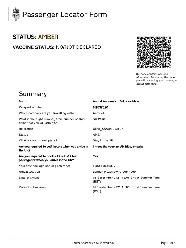 Passenger Locator Form Amber PDF Travel Visa