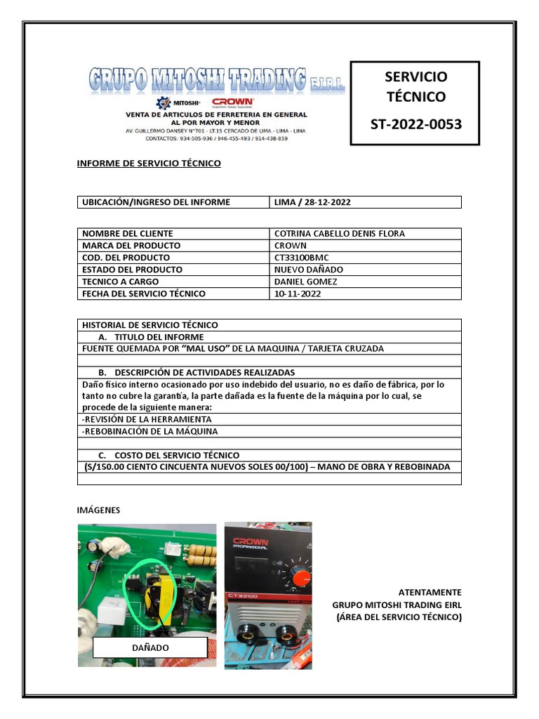 Informe de Servicio Técnico 002-53 | PDF