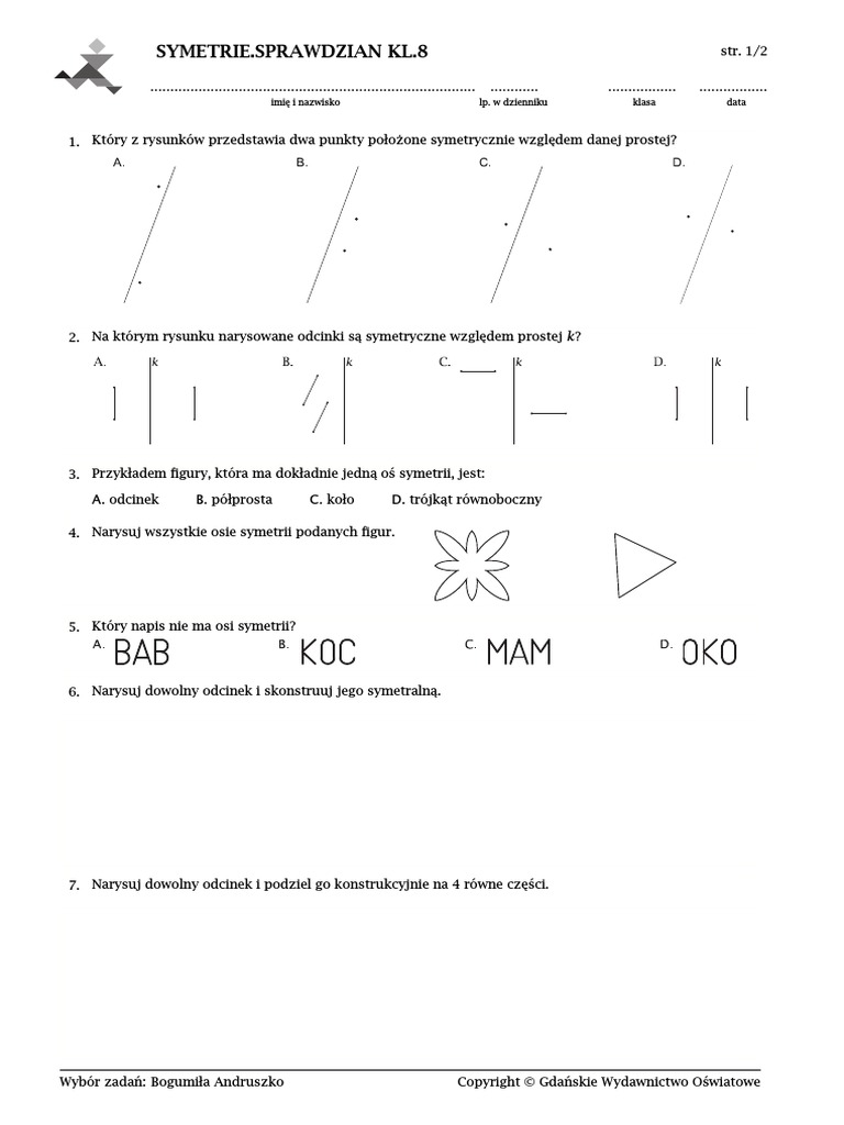 Sprawdzian Azja 8 Klasa Symetrie - Sprawdzian Kl.8: Imię I Nazwisko Lp. W Dzienniku Klasa Data