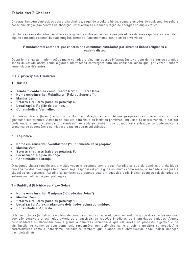 Tabela Dos 7 Chakras | Download grátis PDF | Chacra | Tantra