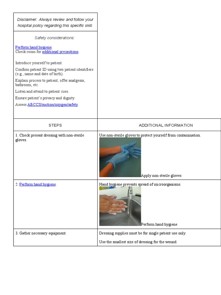 Dressing Change Procedure PDF Wound Hand Washing