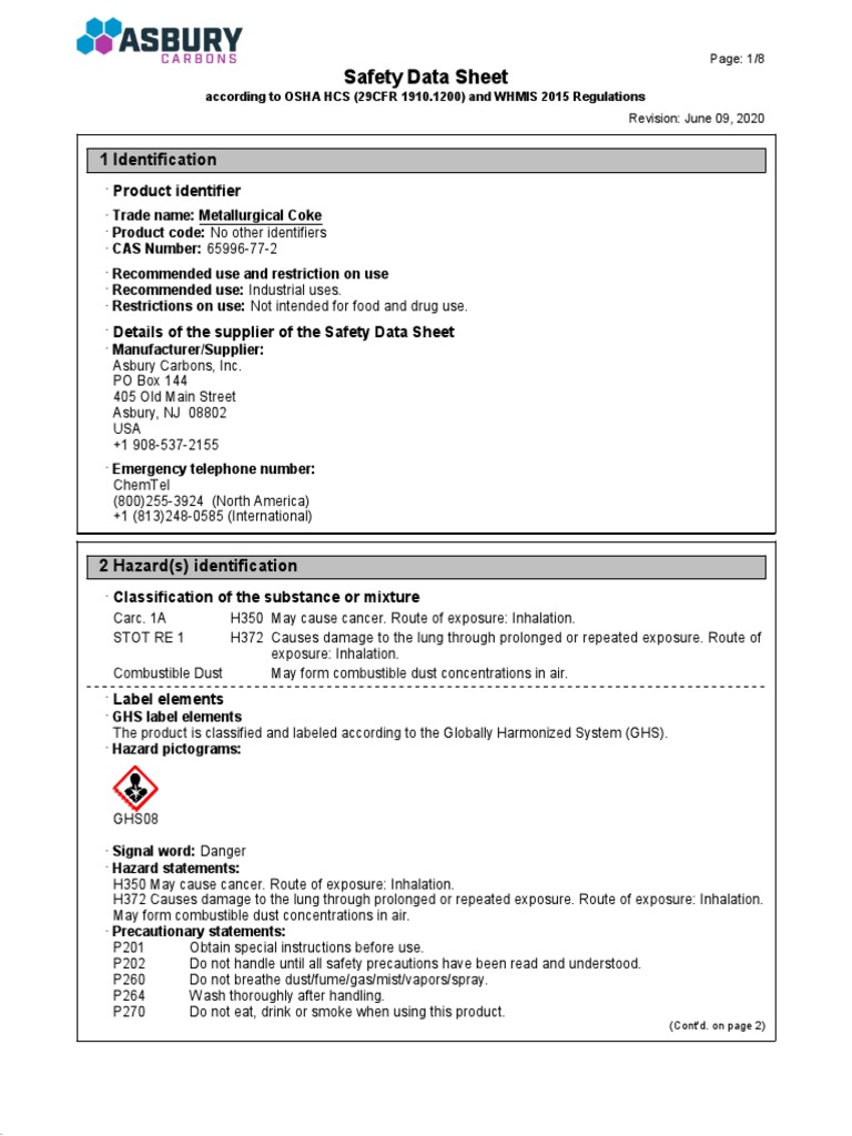 Metallurgical Coke Safety Data Sheet | PDF | Working Conditions | Workplace