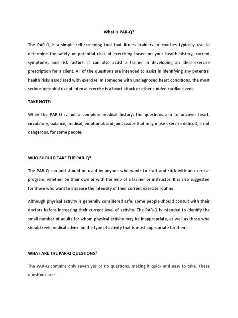 Understanding the PAR-Q Questionnaire | PDF | Personal Trainer ...
