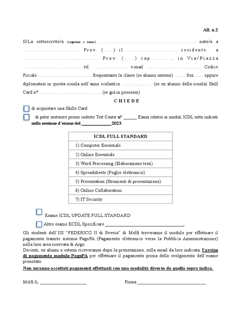 Prefettura Della Casa Pontificia Modulo Per La Prenotazione Di Biglietti All.2 Modulo Prenotazione Esami Icdl | PDF