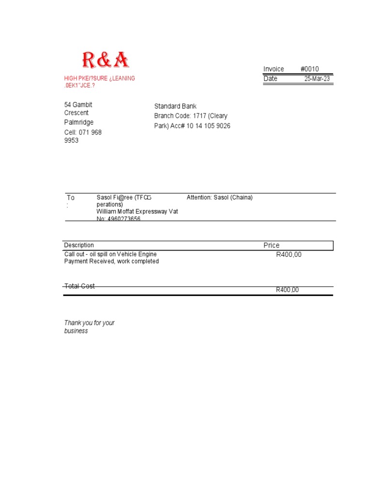 Standard Bank Cleary Park Invoice | PDF