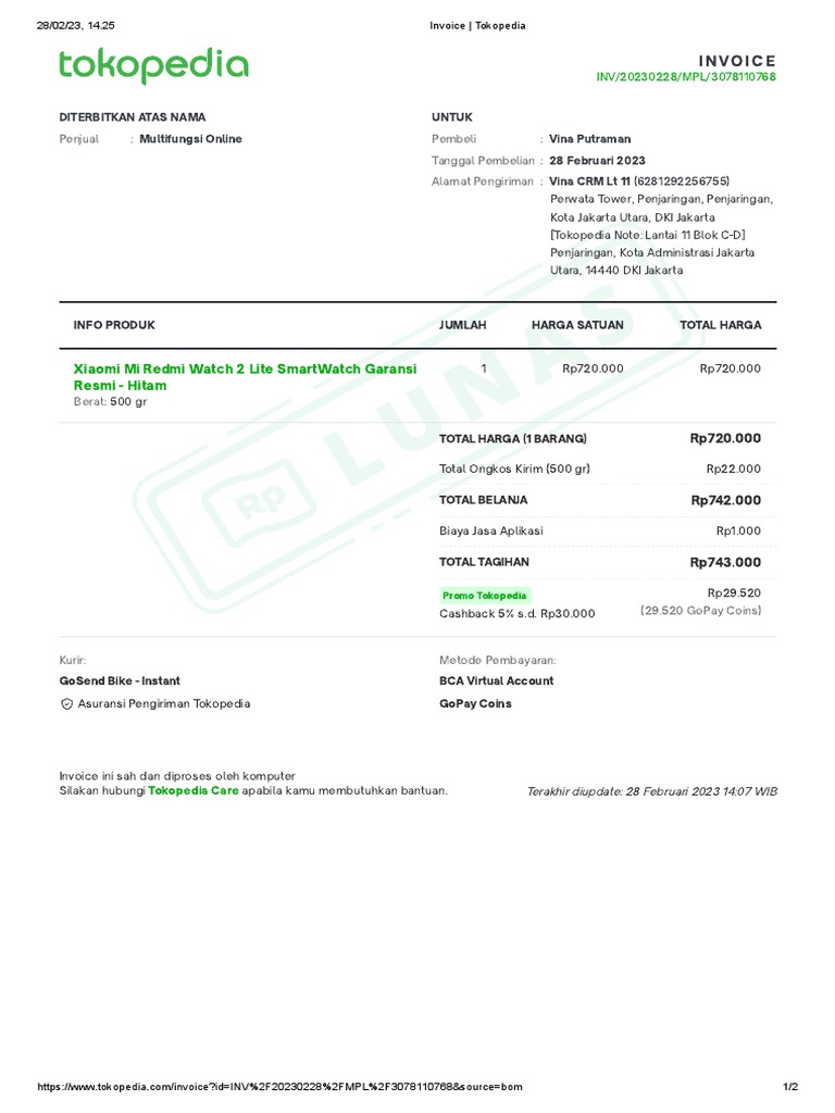 Invoice tokopedia pdf