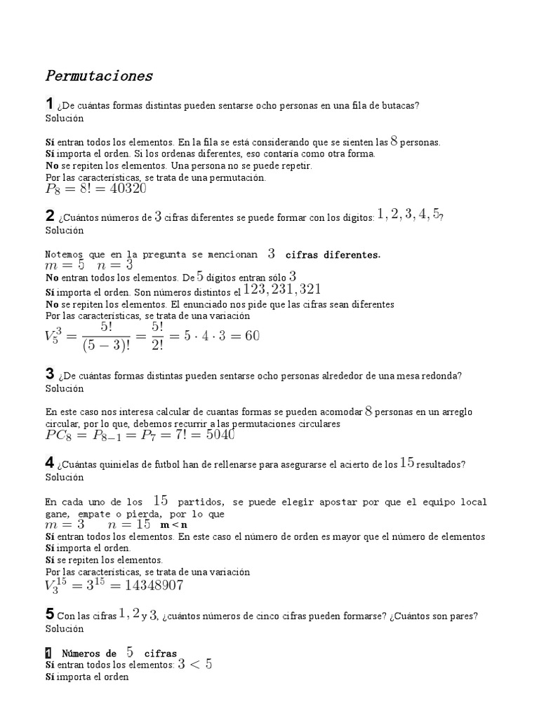 Ejercicios de Permutaciones y Combinaciones | PDF | Permutación ...