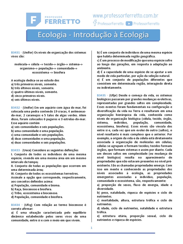 Introdução A Ecologia Questões | PDF | Ecologia | Ecossistema