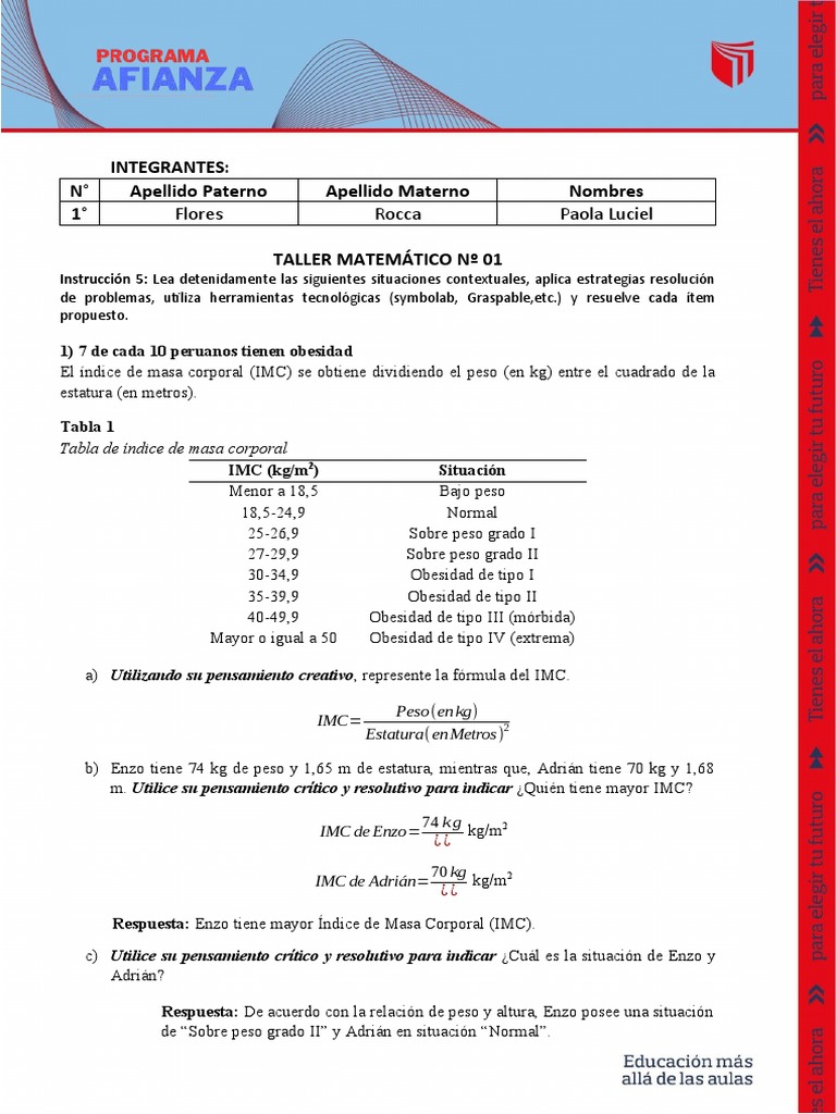 Taller Matemático - Sesión N°1 | PDF | Índice de masa corporal | Impuestos