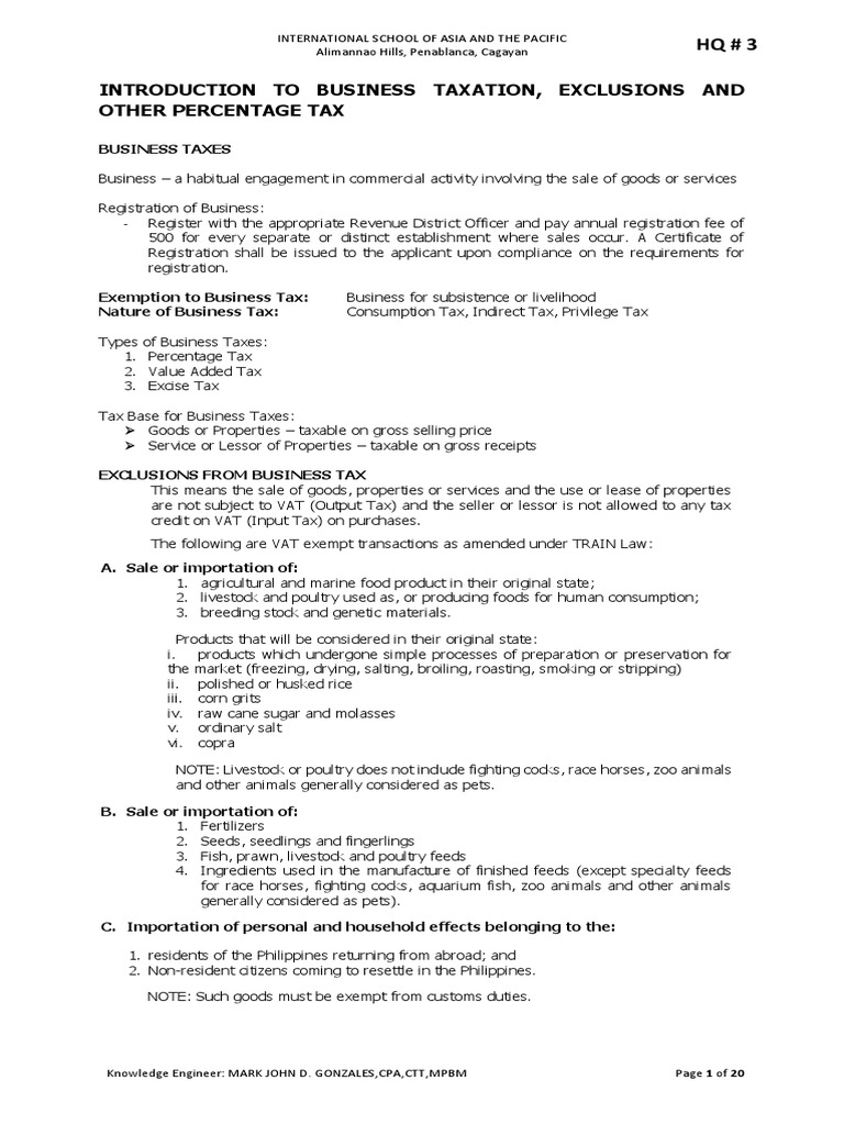 Introduction To Business Taxation, Exclusions and Other Percentage Tax