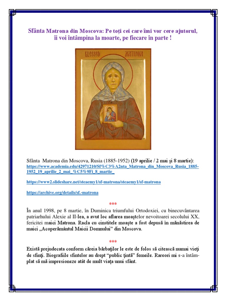 Sfanta Matrona Din Moscova Pe Toti Cei C PDF | PDF