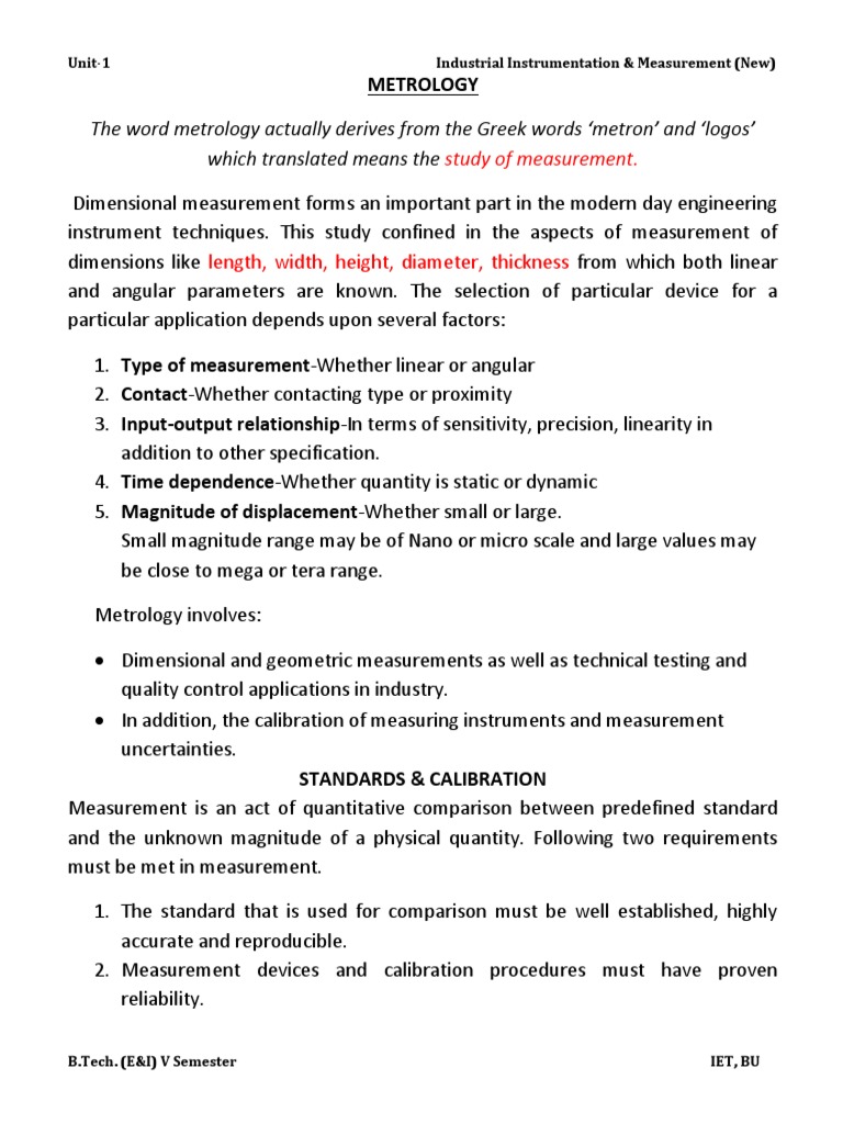 Unit - 1 (IIM) - Metrology | PDF | Technology & Engineering