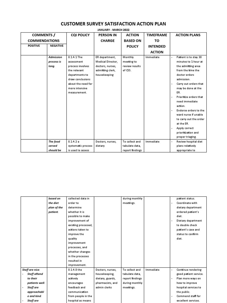 Customer Survey Satisfaction Action Plan | PDF | Nursing | Patient