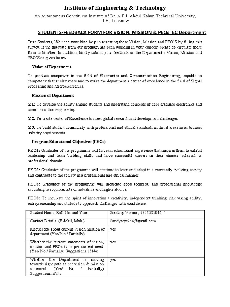 EC Department Vision & Mission Feedback Form | PDF | Engineering ...