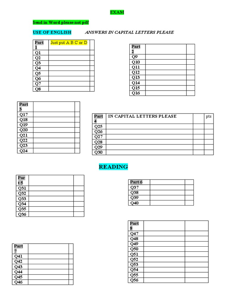 EXAM Template USE OF ENGLISH AND READING | PDF