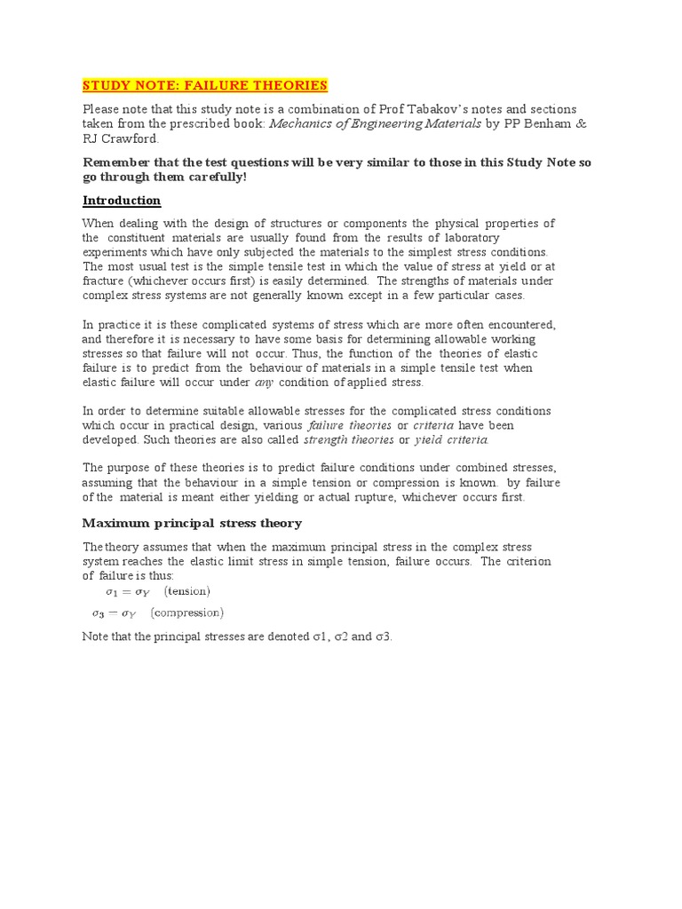 Study Note - Failure Theories | PDF | Stress (Mechanics) | Deformation ...