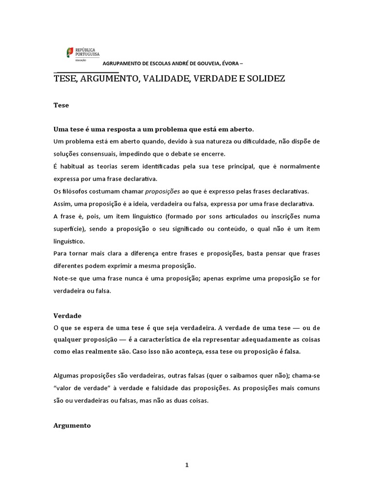 Tese argumento validade verdade e solidez pdf argumento verdade