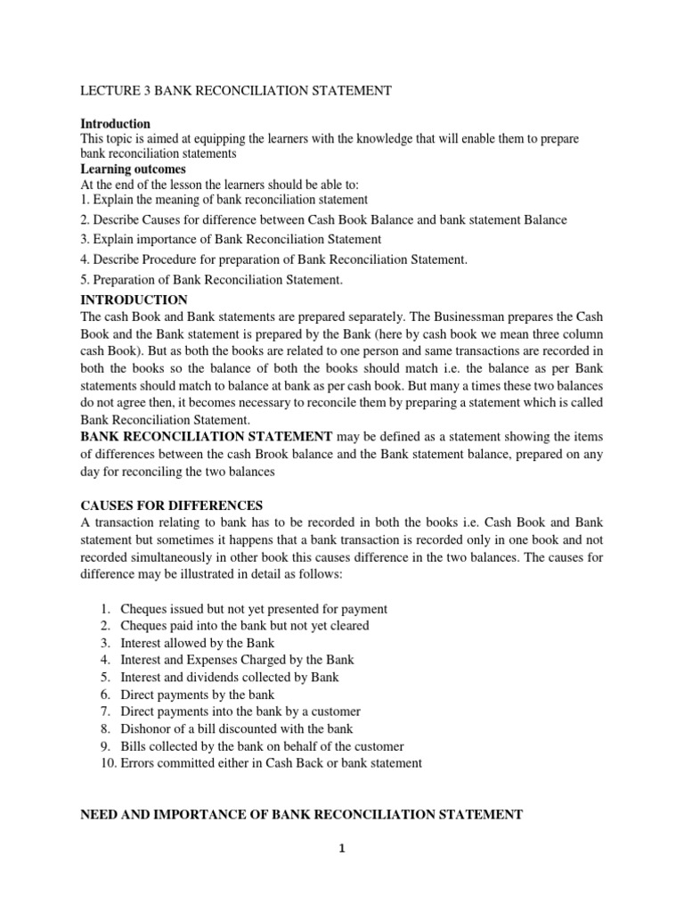 Bank Reconciliation Statement Pdf Banks Overdraft