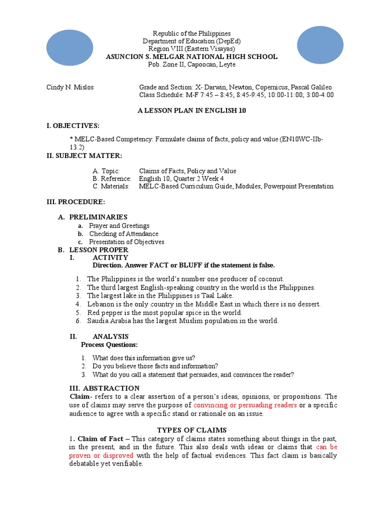 English 10 Quarter 2 Lesson Plan | PDF | Policy | Truth