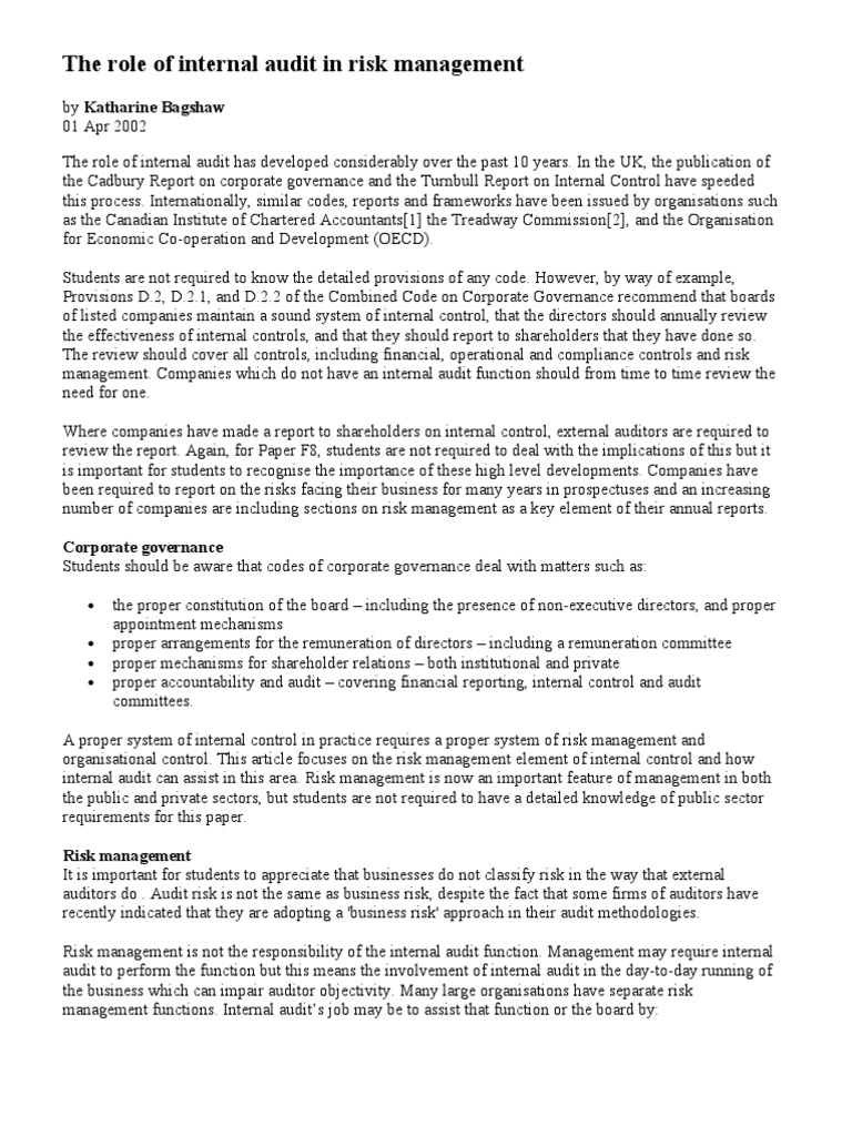 Internal Audit in Risk Management | PDF | Internal Audit | Corporate ...