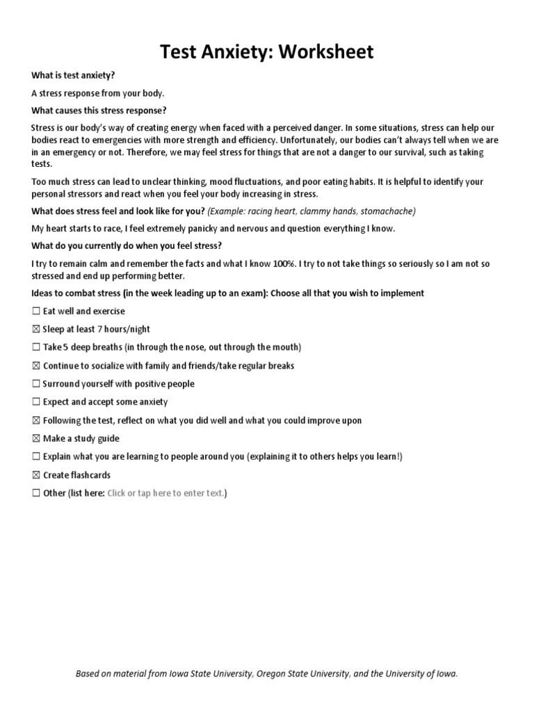 Test Anxiety Worksheet PDF