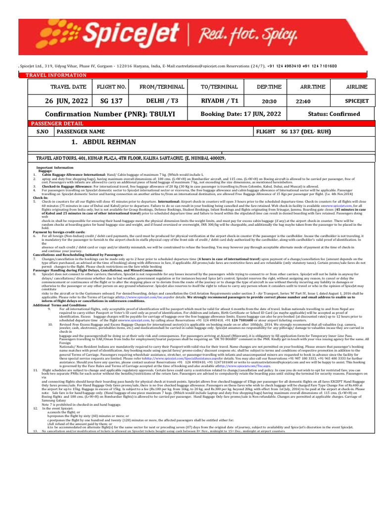 TKT Copy Spicejet Del-Ruh | PDF