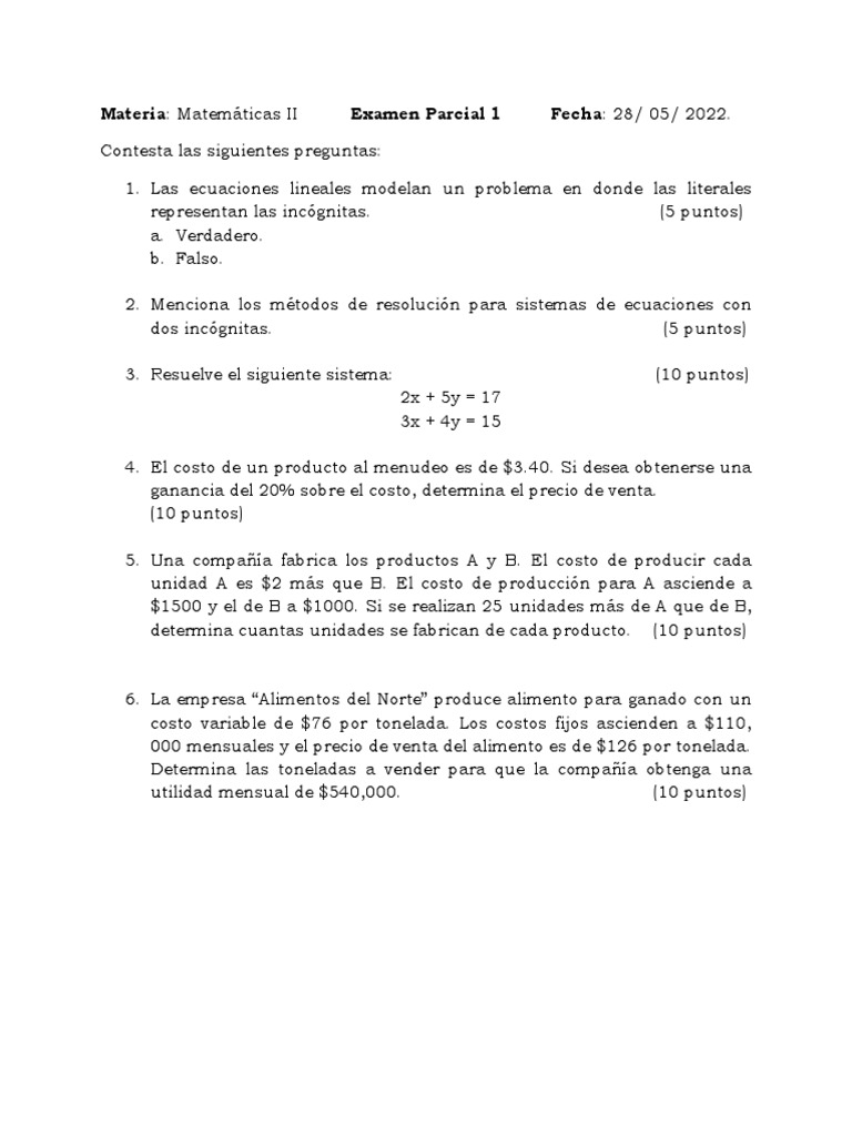 Mat II, Examen Parcial 1 | PDF | Finanzas y dinero | Métodos y ...