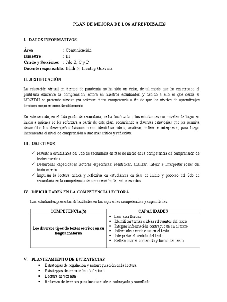 Mejora de Comprensión Lectora en 2do Grado | PDF | Comprensión lectora ...