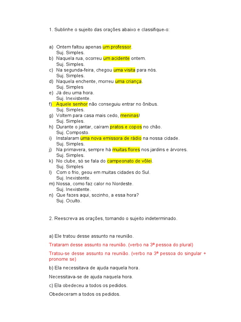 Atividades de Sujeito e Predicado 7º Ano | PDF | Assunto (gramática ...
