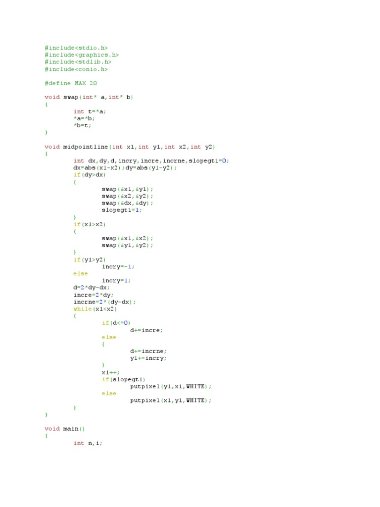 Midpoint Line Drawing in C Code | PDF | Science & Mathematics | Computers