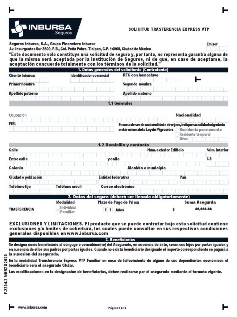 Solicitud de seguro de vida con cobertura de transferencia express VTP