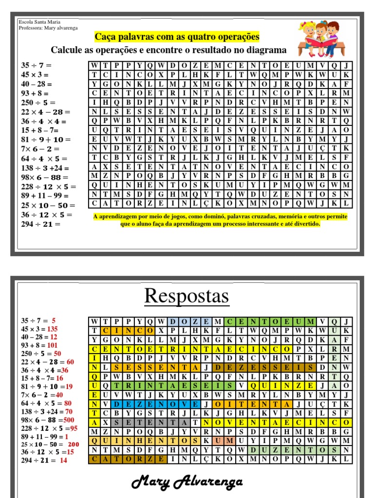 Caça-Palavras: Quatro Operações Matemáticas | PDF | Métodos e