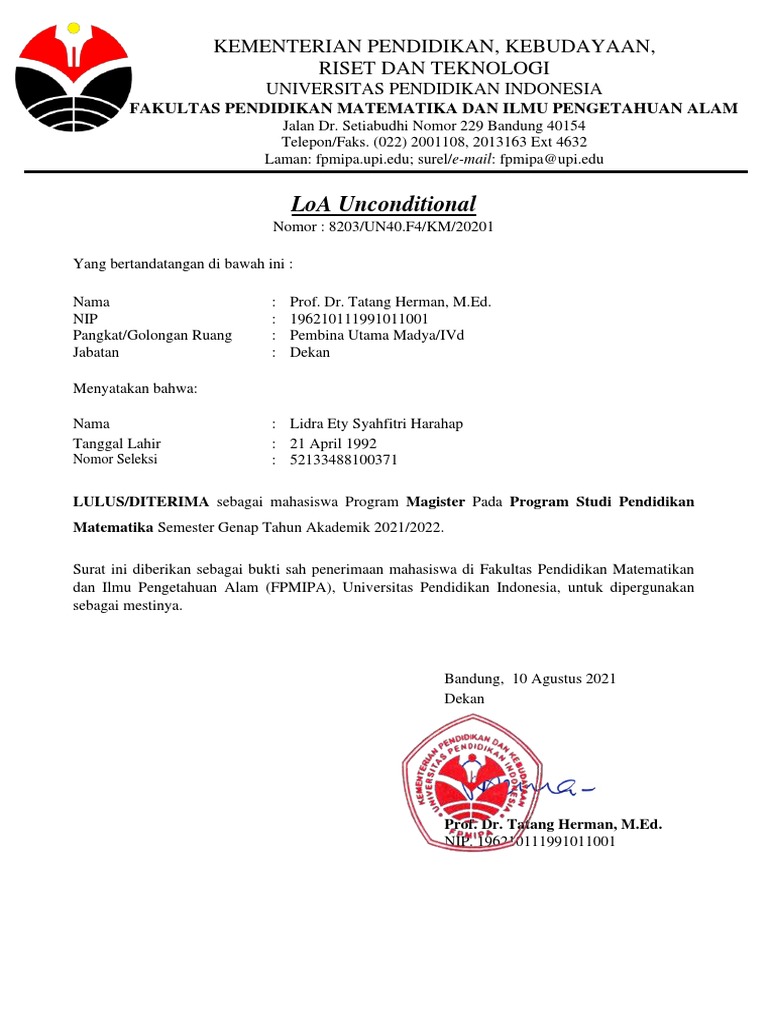 Contoh LoA Unconditional UPI | PDF