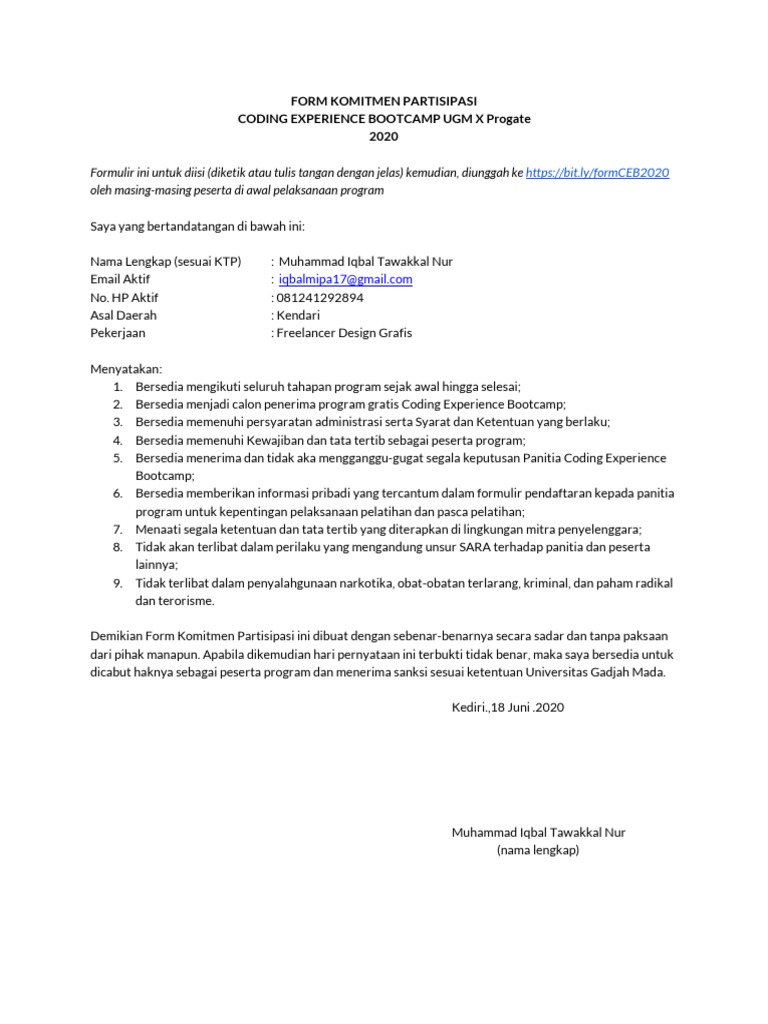 Formulir Komitmen Coding Experience Bootcamp PDF