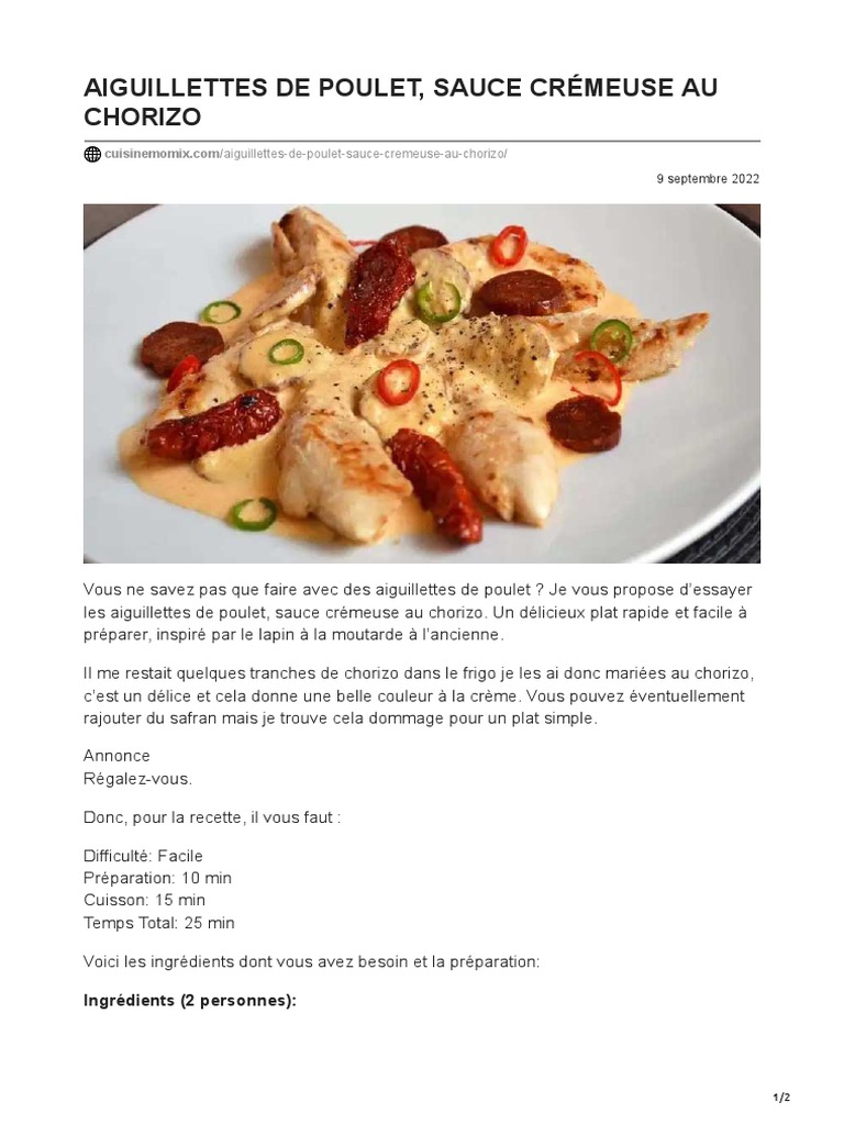 Aiguillettes de poulet au chorizo crémeux | PDF | sauce | Nourriture et ...