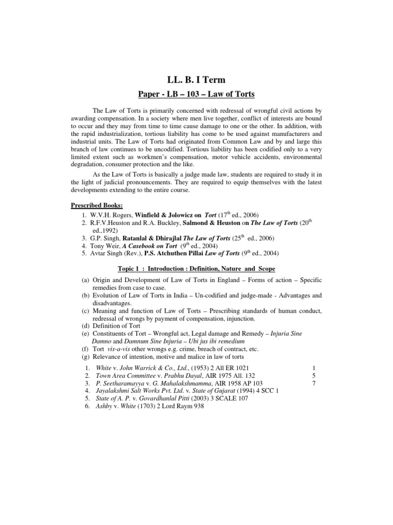 Law of Torts Overview and Key Concepts | PDF | Tort | Negligence