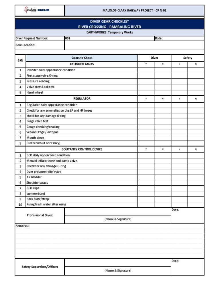 DIVER's CHECKLIST PDF PDF Underwater Diving Underwater Diving