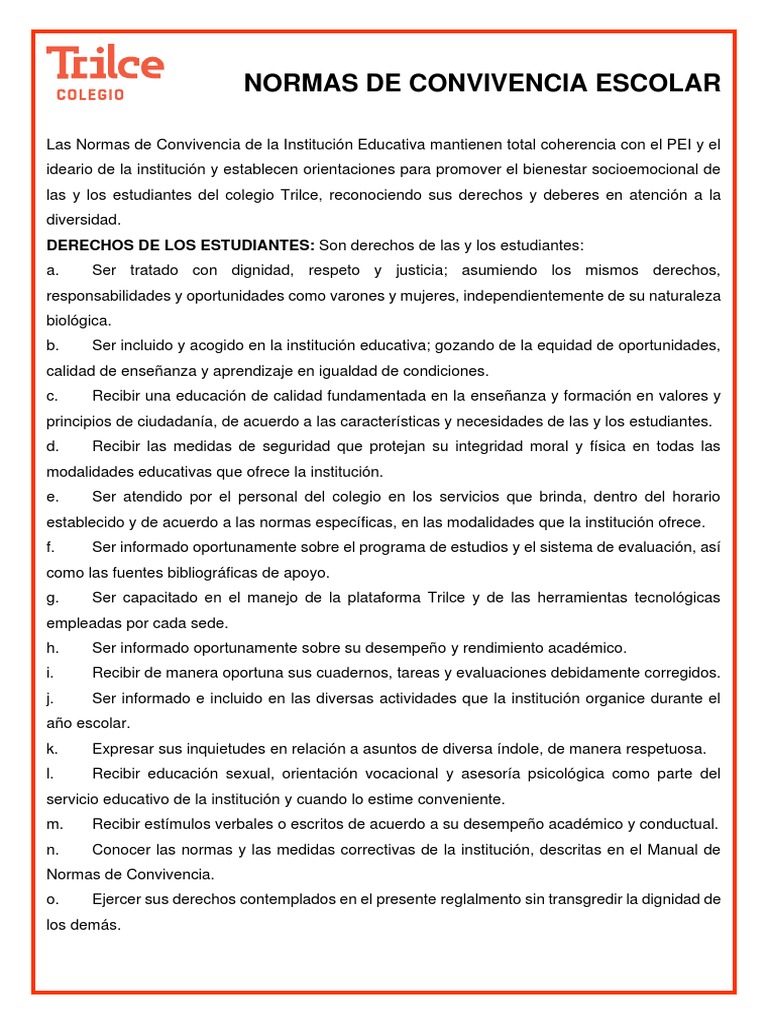 Normas de Convivencia Escolar 2023 | PDF | Salón de clases | Comportamiento