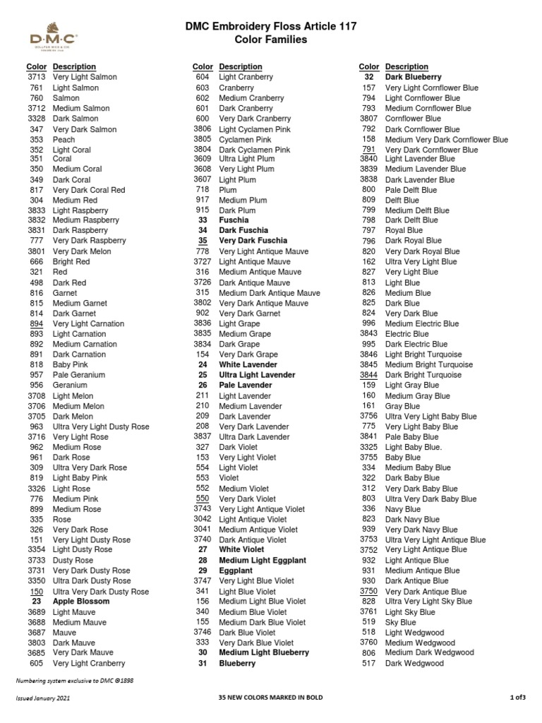 DMC Embroidery Floss Color Families 2021 PDF Color Artistic