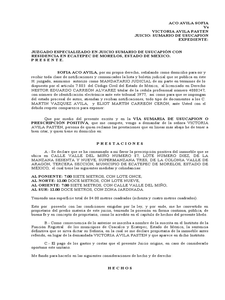 Demanda Inicial Usucapion | PDF | México | Ley de Propiedad