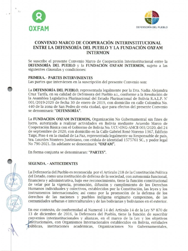 Convenio Marco de Cooperacion Interinstitucional Con La Fundacion Oxfam ...
