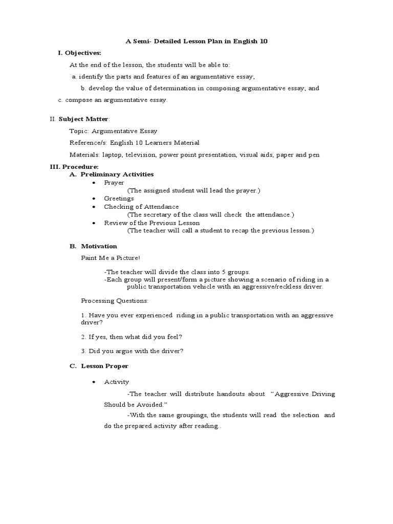 Grade 10 Argumentative Essay Lesson Plan | PDF | Essays | Argument