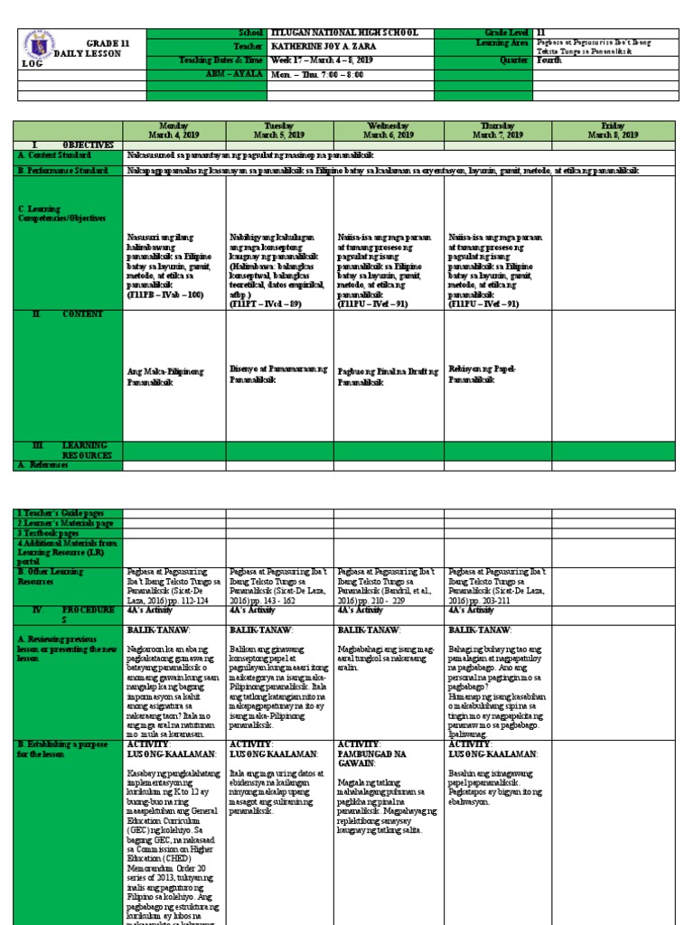 Grade 11 daily lesson log mon thu 7 00 8 00 pagbasa at pagsusuri