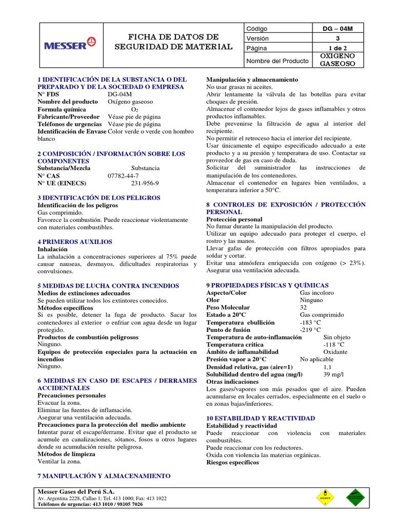 Hoja MSDS - O2 | PDF | Oxígeno | Gases
