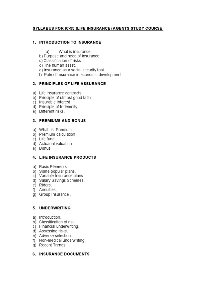IC-33 Life Insurance Agent Syllabus | PDF | Finance & Money Management