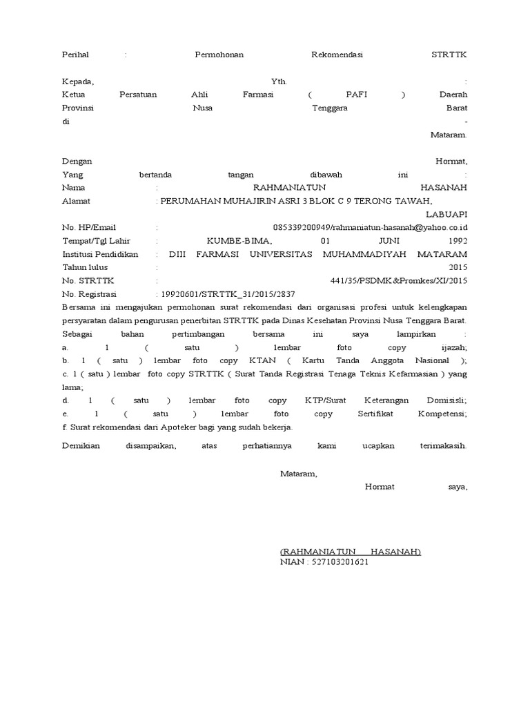Permohonan Rekomendasi STRTTK NTT | PDF
