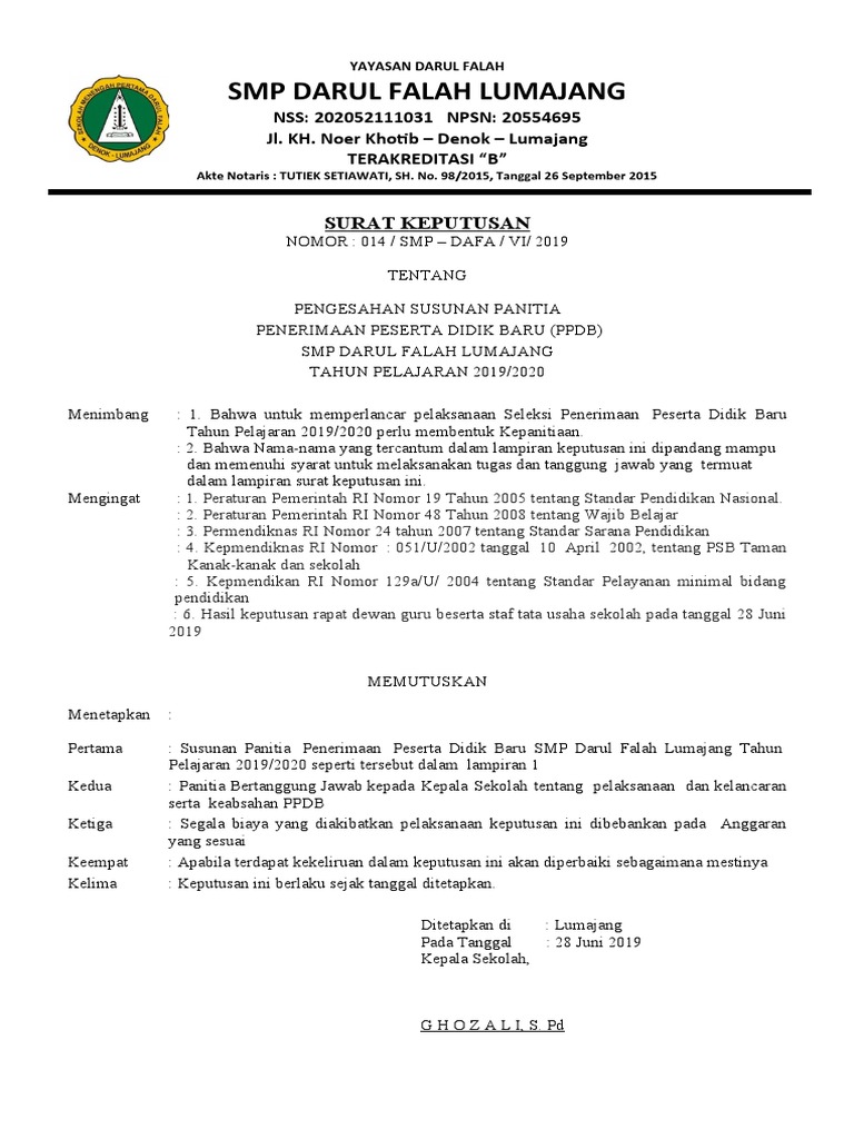 Susunan Panitia PPDB SMP Darul Falah Lumajang 2019/2020 | PDF