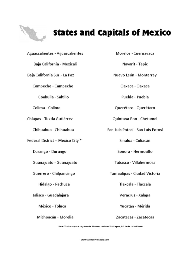 Mexico States and Capitals PDF