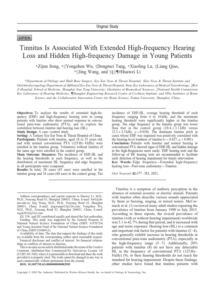 Tinnitus Is Associated With Extended High Frequency Hearing Loss and